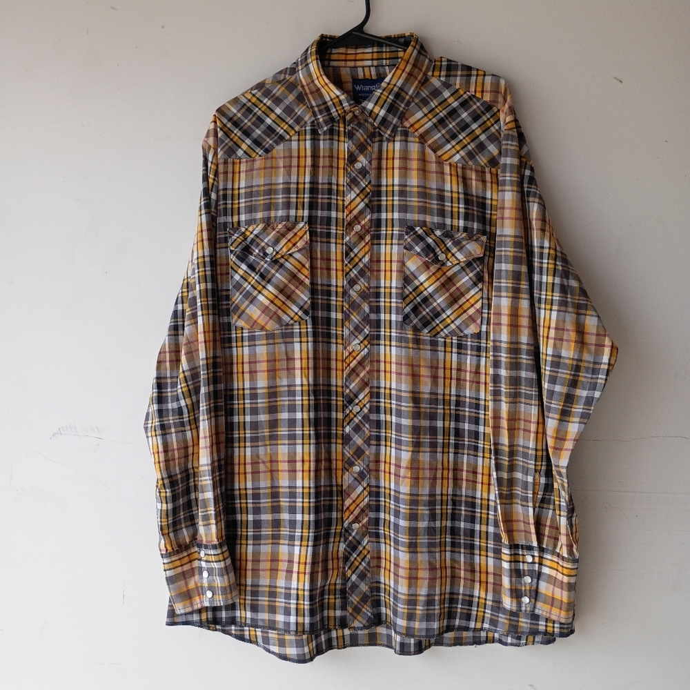 Wrangler Western Snap Button Plaid Shirt‎ Men’s XL Yellow Gray Brown Long Sleeve